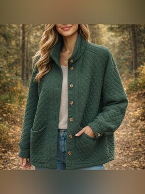 Dokotoo Green Quilted Jacket Button Front Cozy Fall XL